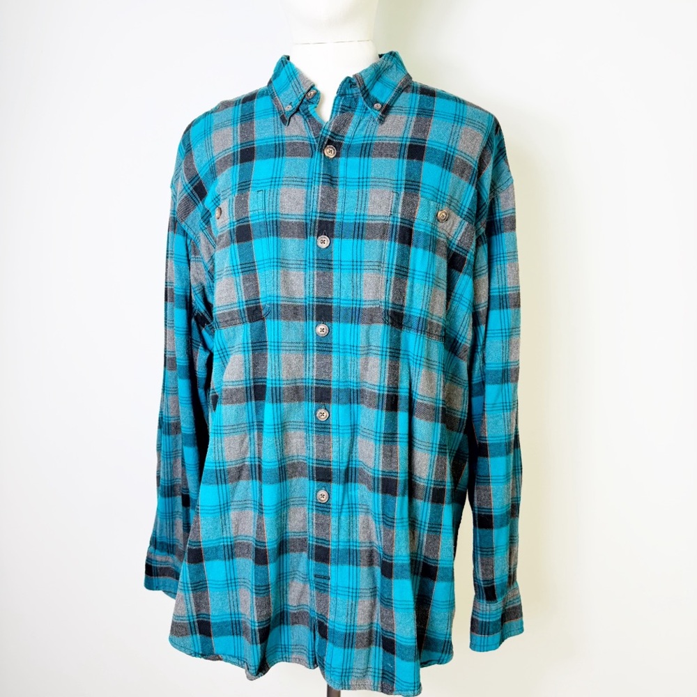 Duluth Trading Co Teal and Charcoal long sleeve flannel Plaid Shirt mens XL